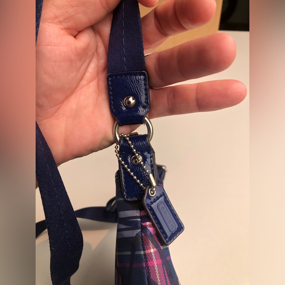 Coach Signature Poppy Navy and Pink Plaid Crossbody Purse with mini hangtag - Picture 8 of 12